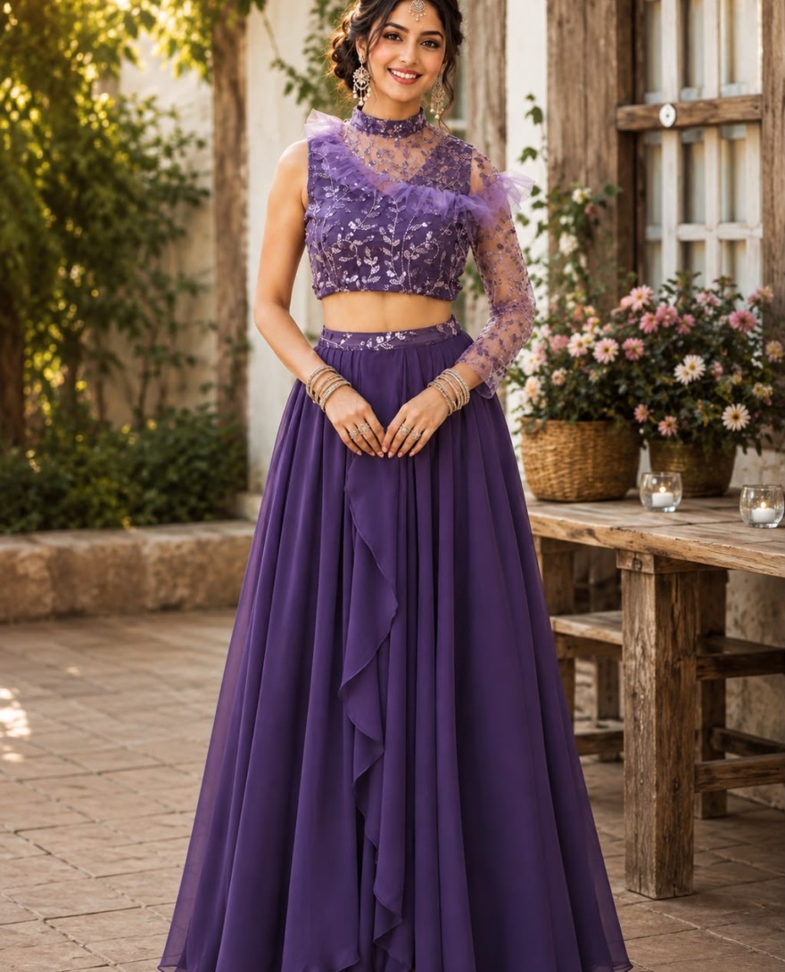 PURPLE - Purple Georgette Embroidered Work Readymade Lehenga Choli